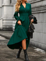 Elasticity Pleated Solid Color A-Line Flared Sleeves V-Neck Midi Dresses