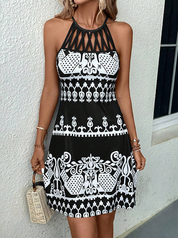 Hollow Printed Split-Joint Loose Sleeveless Halter-Neck Mini Dresses
