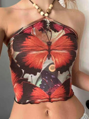 Vintage  Butterfly Printed Halter Backless Top