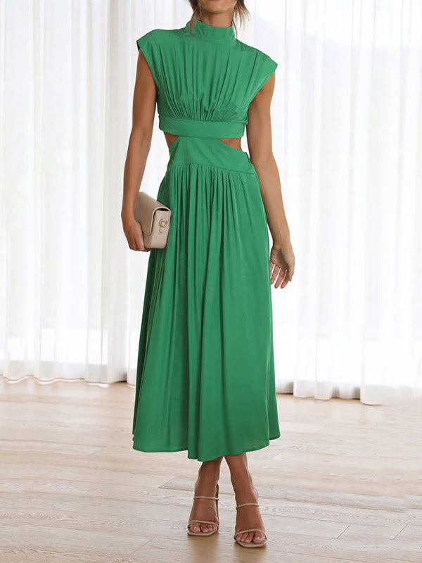 Belly-Hollow Pleated Solid Color Cap Sleeve Stand Collar Maxi Dresses