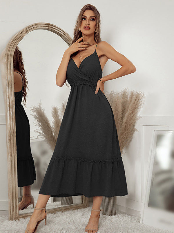 Vacation A-Line Solid Color V-Neck Dress