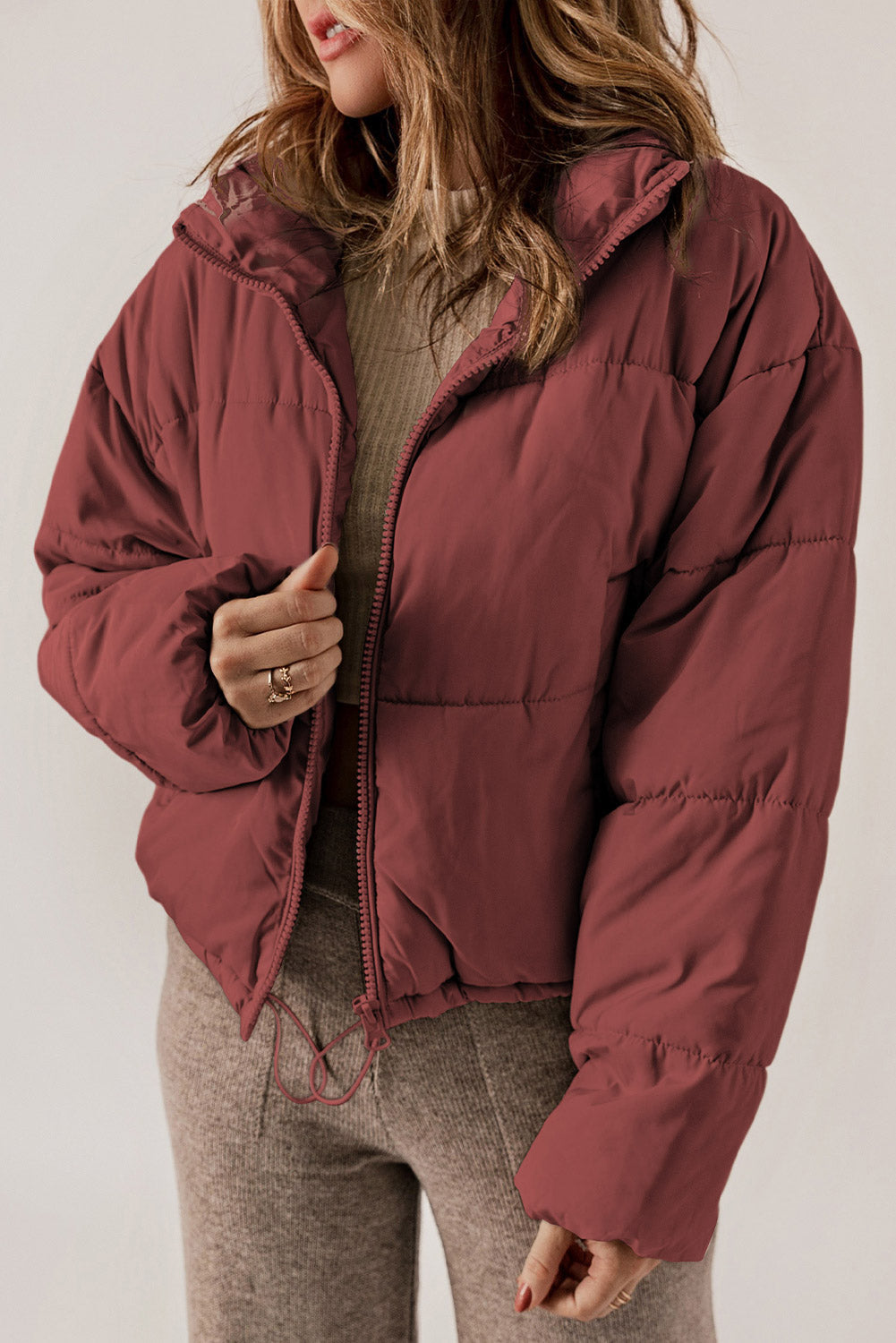 Zip Up Drawstring  Puffer Coat