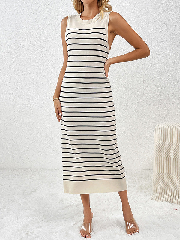 Striped Loose Sleeveless Round-Neck Midi Dresses Knit Dresses