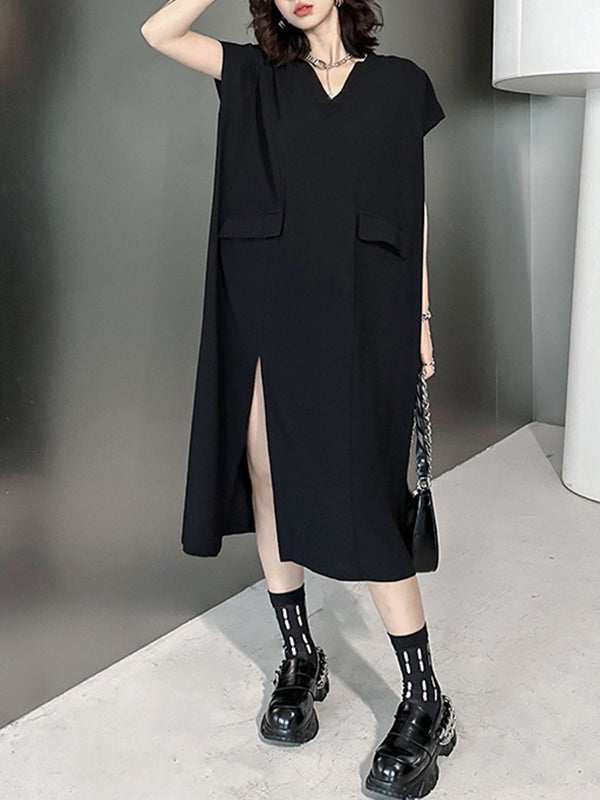 Asymmetric Solid Color Split-Joint Split-Side Loose Short Sleeves V-Neck Midi Dresses