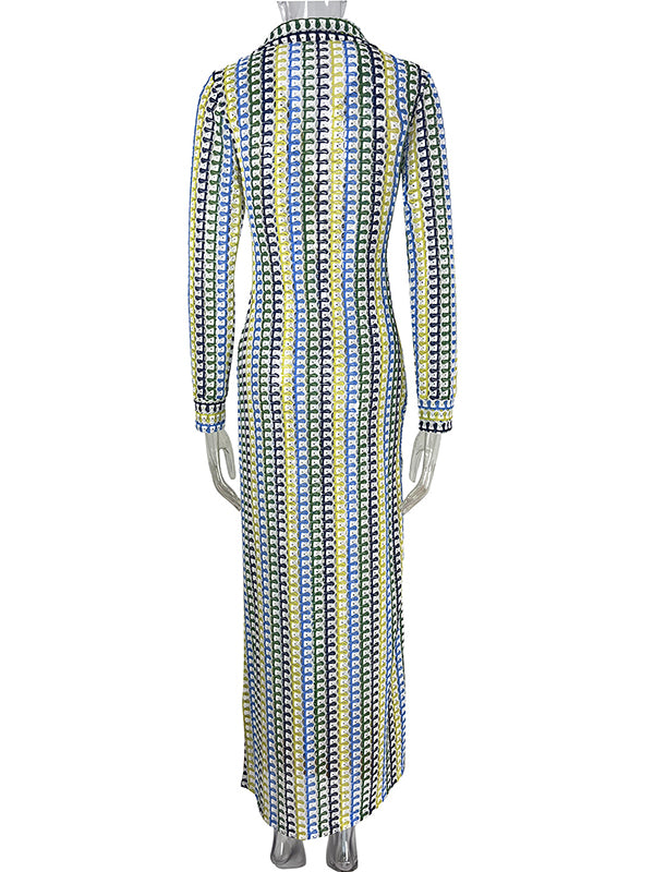 Multicolor Hollow Long Sleeves Bohemia Maxi Dresses