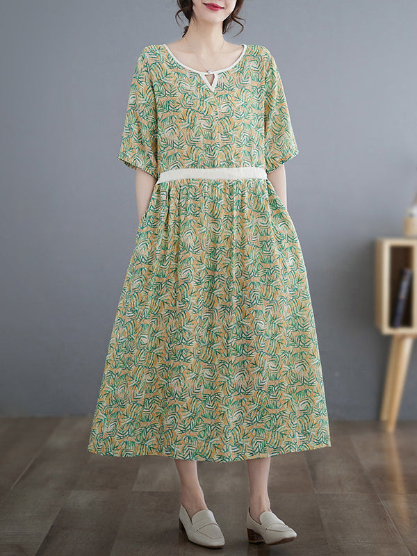 Hollow Pleated Printed Split-Joint Loose Short Sleeves Round-Neck Midi Dresses