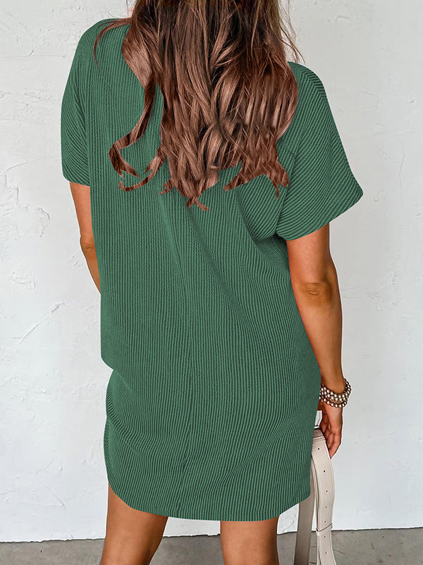Contrast Color Pockets Split-Joint Striped A-Line Loose Round-Neck Mini Dresses