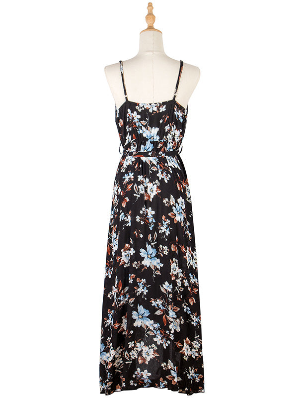 Vacation Sleeveless Floral Printed Backless V-Neck Dress