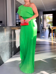 Asymmetric Plain Pleated Loose One-Shoulder Maxi Dresses