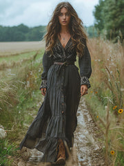 Vintage Floral Long Sleeves Ruffled Maxi Dresses