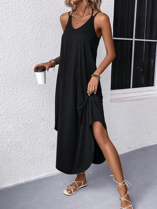 Solid Color Loose Plus Size Spaghetti-Neck Maxi Dresses
