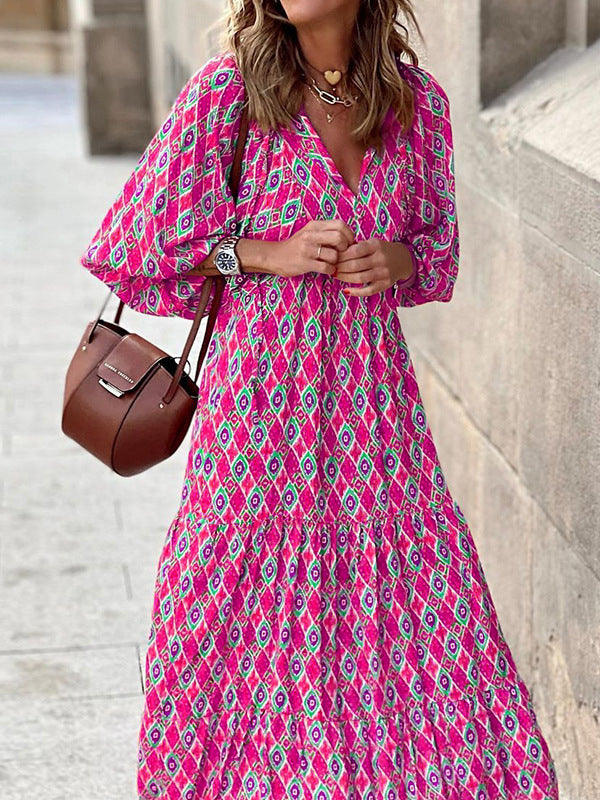 Bohemia Puff Sleeves Plaid V-Neck Dress