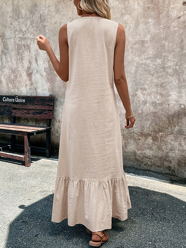 Pleated Ruffle Trim Solid Color A-Line Loose V-Neck Maxi Dresses
