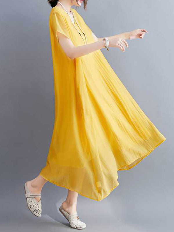 Solid Color A-Line Loose V-Neck Midi Dresses