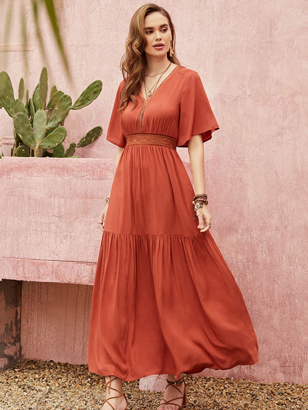 Vacation Half Sleeves Wrap Solid Color V-Neck Maxi Dress