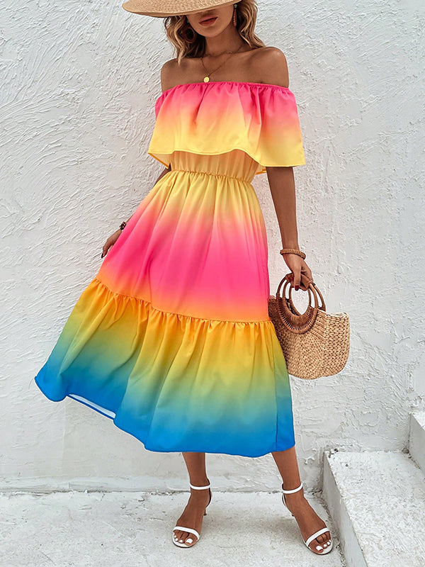 Contrast Color Elasticity A-Line Loose Off-The-Shoulder Midi Dresses
