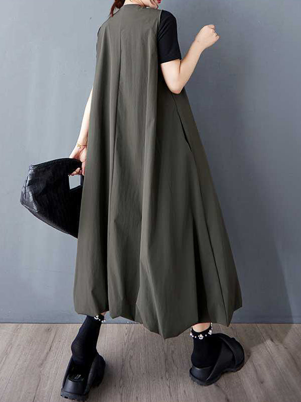 Buttoned Pleated Pockets Solid Color A-Line Loose V-Neck Vest Outerwear Midi Dresses