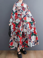Long Sleeves Loose Floral Printed Round-Neck Midi Dresses