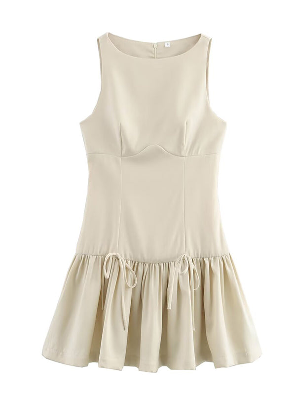 Pleated Solid Color Split-Joint Zipper A-Line Loose Round-Neck Mini Dresses