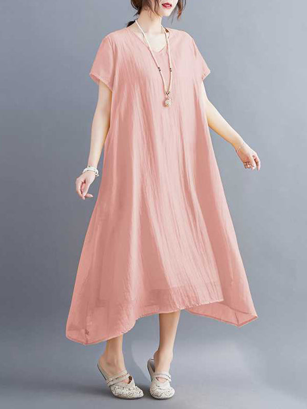 Solid Color A-Line Loose V-Neck Midi Dresses