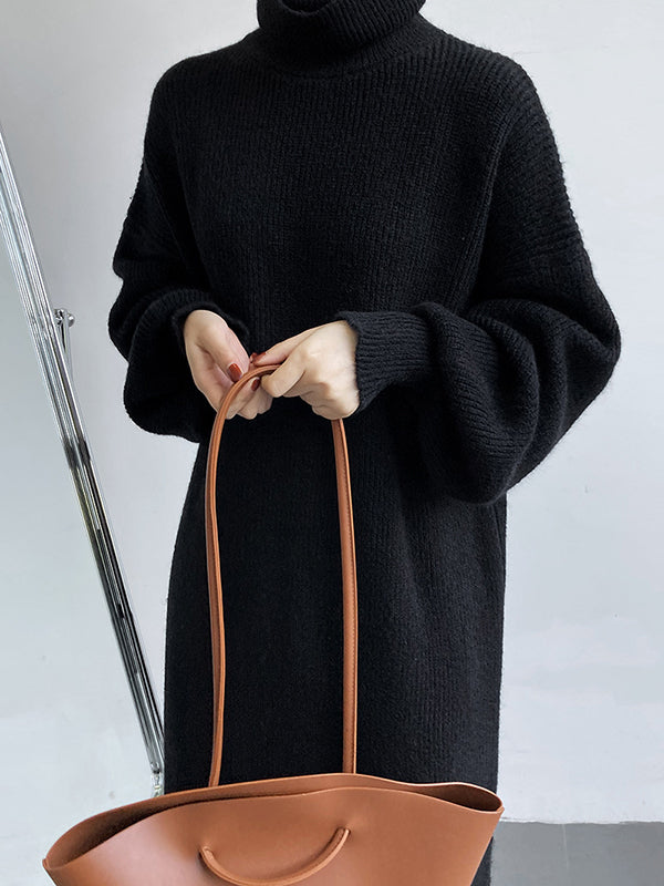 Urban Loose Puff Sleeves Solid Color High-Neck Sweater Dresses