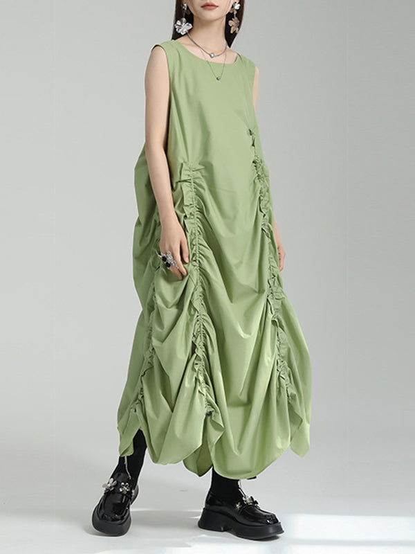 Asymmetric Elasticity Pleated Solid Color Loose Sleeveless Round-Neck Midi Dresses