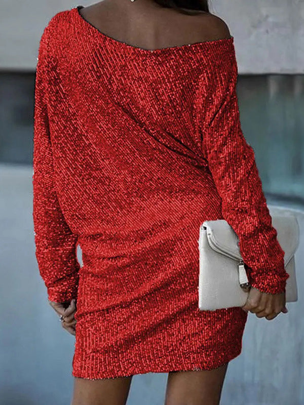 Asymmetric Sequined Solid Color A-line Loose One-shoulder Short Dresses Mini Dresses