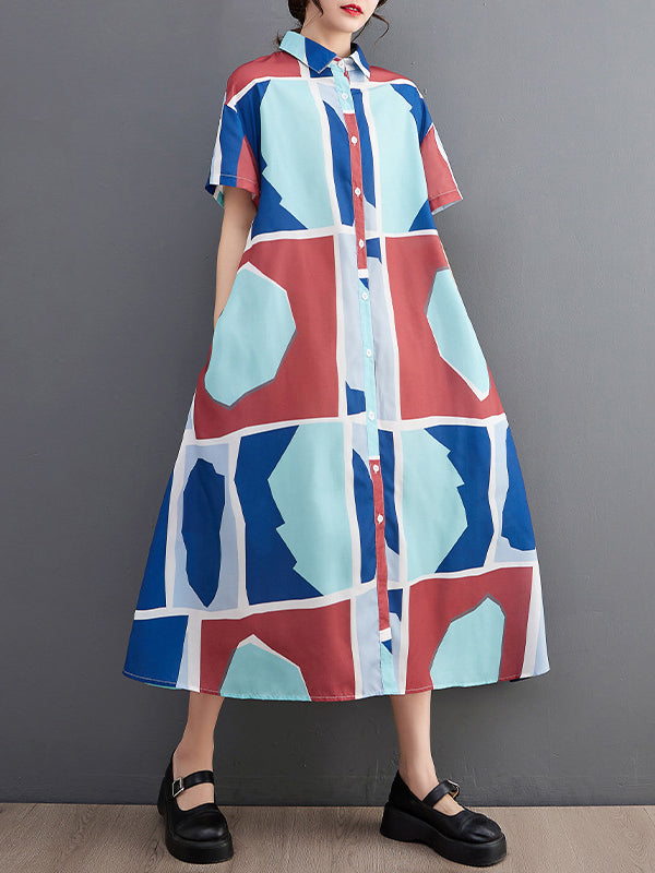 Cartoon Printed Multi-Colored Loose Short Sleeves Lapel Shirt Dress Midi Dresses