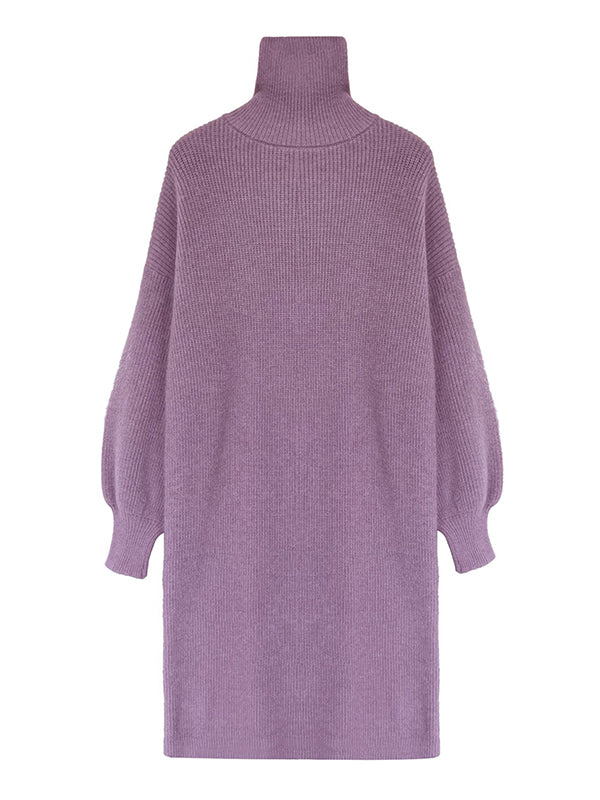 Urban Loose Puff Sleeves Solid Color High-Neck Sweater Dresses