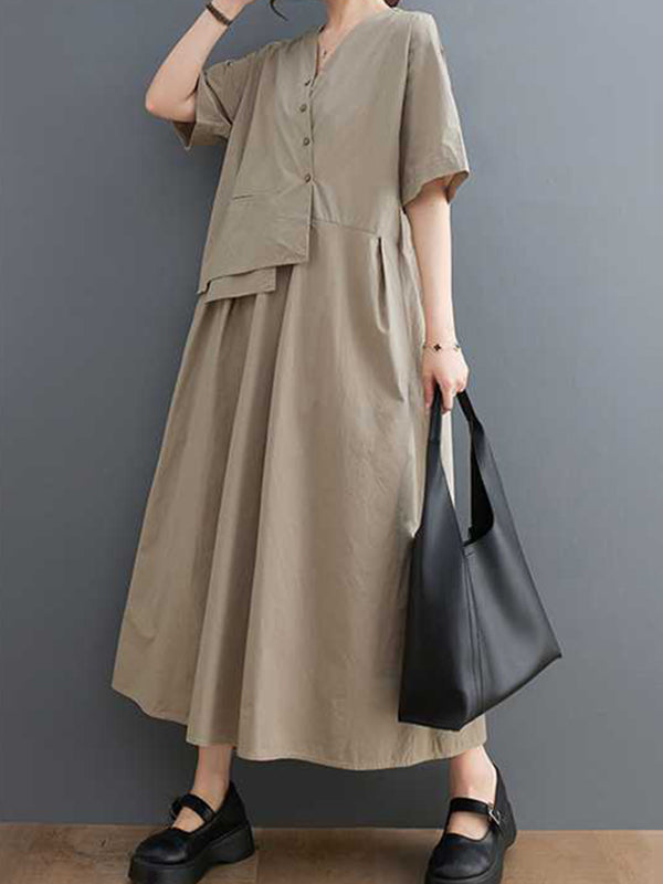 Pleated Solid Color Split-Joint Loose Short Sleeves V-Neck Midi Dresses