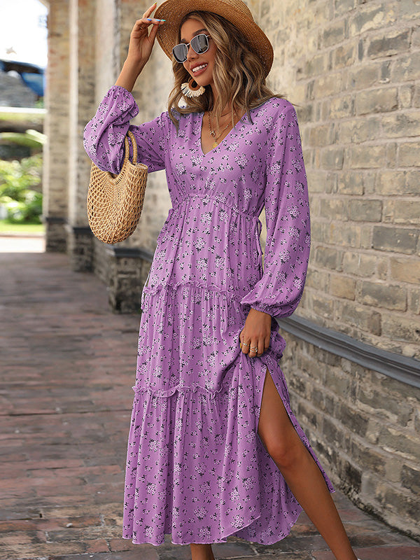 Vacation Puff Sleeves Floral Printed V-Neck Dress