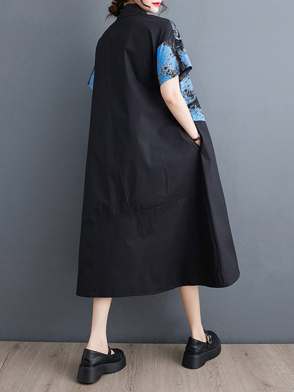 Abstract Printed Loose Short Sleeves Lapel Shirt Dress Midi Dresses