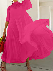 Solid Color Loose Plus Size Split-Joint Inner Dress + Mock Neck Mesh Pleated Outer Dress Two Pieces Set