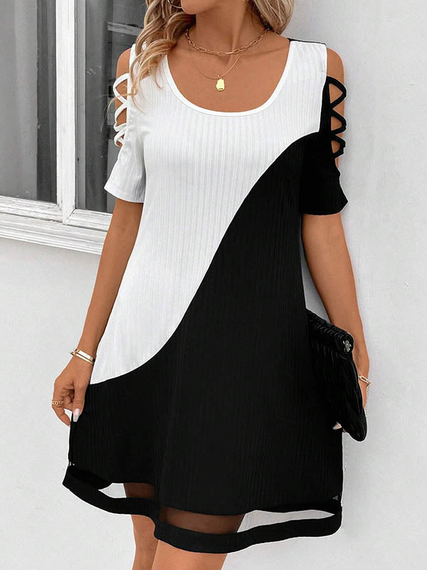 Contrast Color Hollow Mesh Split-Joint A-Line Loose Cold Shoulder Mini Dresses