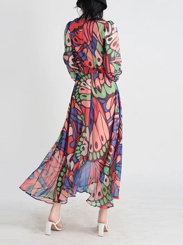 Buttoned Printed Split-Joint High Waisted Long Sleeves V-Neck Midi Dresses
