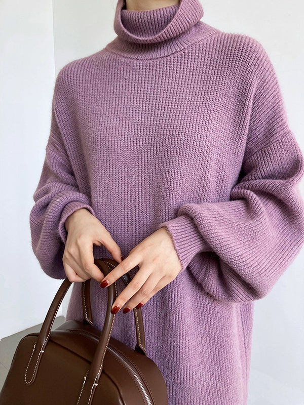 Urban Loose Puff Sleeves Solid Color High-Neck Sweater Dresses