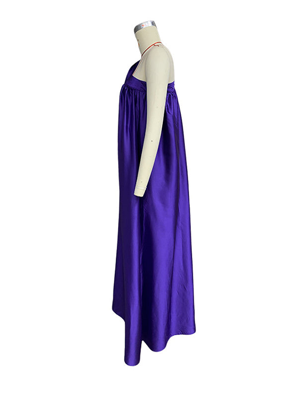 Asymmetric Pleated Solid Color Tied A-Line Loose One-Shoulder Maxi Dresses