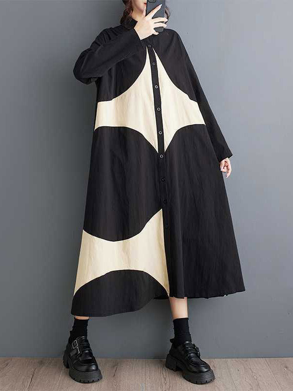 Buttoned Pockets Printed A-Line Long Sleeves Lapel Shirt Dress Midi Dresses