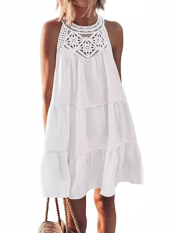 Hollow Pleated Solid Color Split-Joint A-Line Loose Round-Neck Mini Dresses