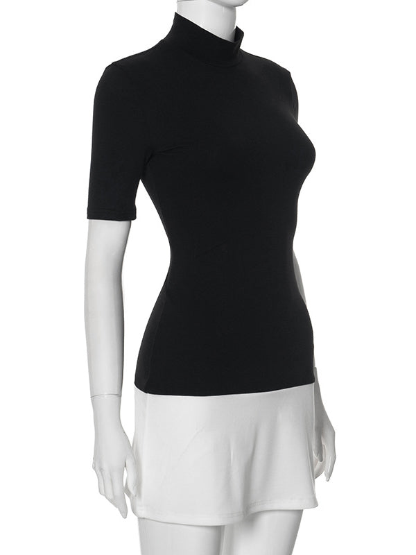 Contrast Color Split-Joint Short Sleeves Skinny High Neck Mini Dresses