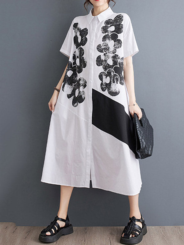 Asymmetric Buttoned Flower Print A-Line Loose Lapel Shirt Dress Midi Dresses