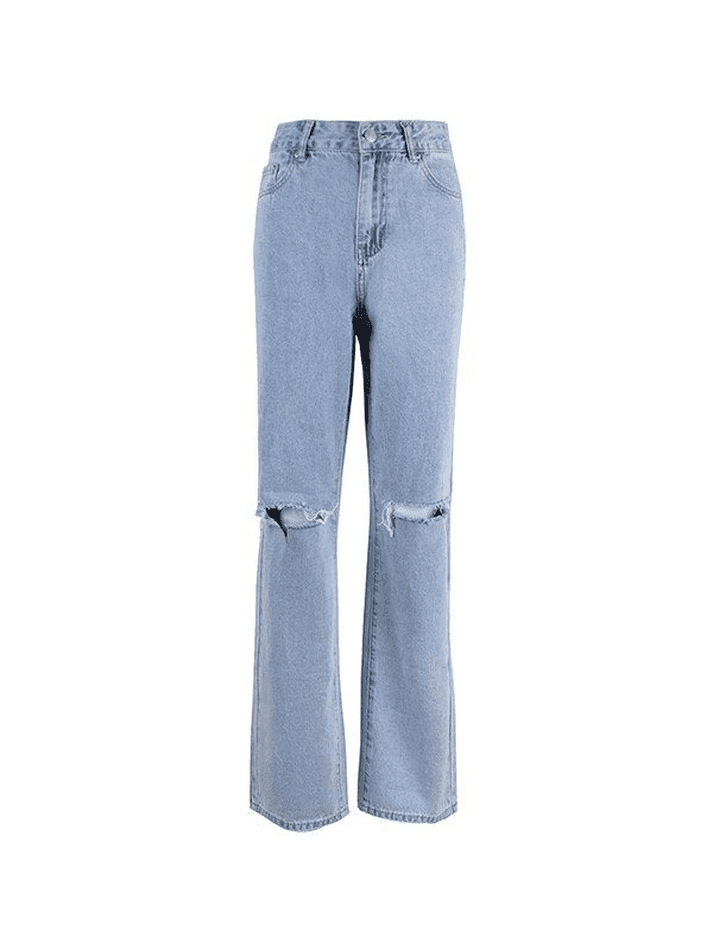 Blue Wash Straight Leg Knee Ripped Jeans