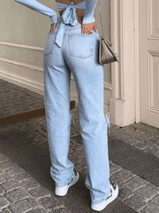Blue Wash Straight Leg Knee Ripped Jeans