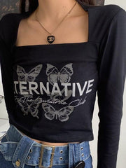 Butterfly Letter Print Square Neck Long Sleeve Tee