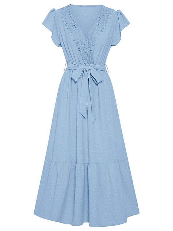 Vacation Sleeveless Loose Lace-Up Solid Color V-Neck Midi Dress