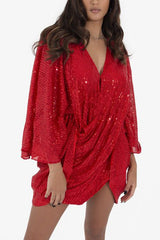 V Neck Sequins Backless Bat Ruched Mini Dress