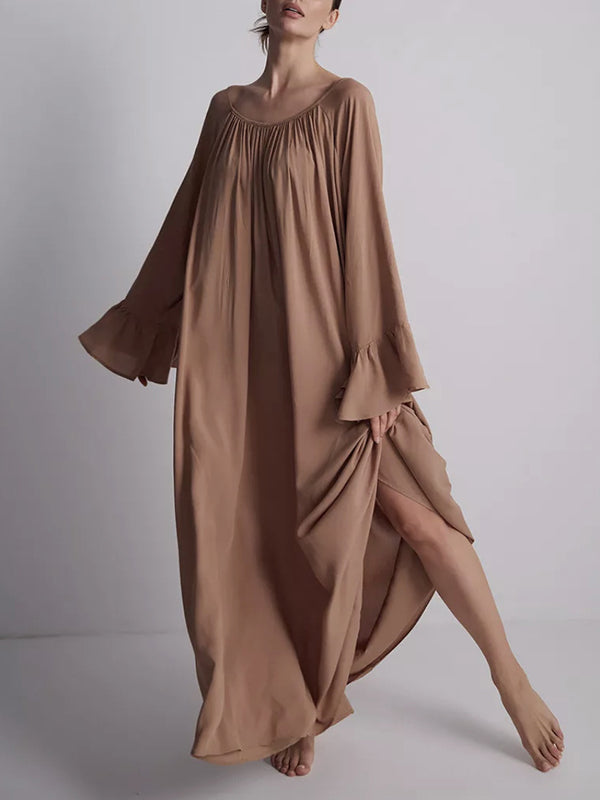 Pleated Solid Color Split-Joint A-Line Flared Sleeves Round-Neck Maxi Dresses