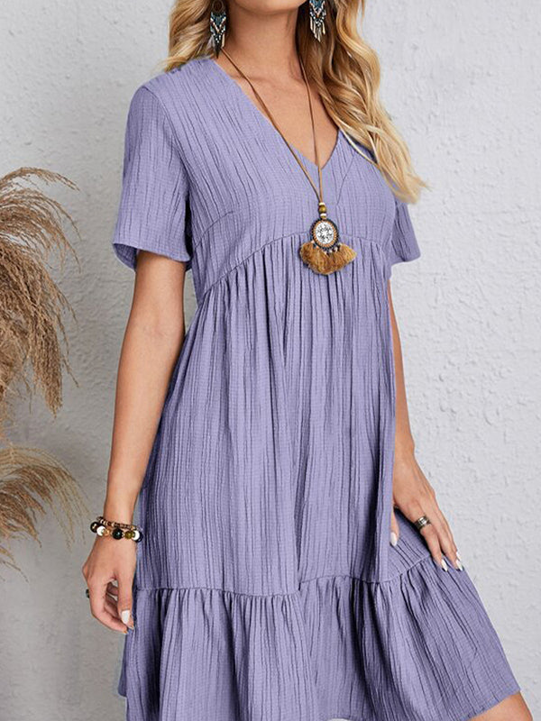 Pleated Solid Color Split-Joint A-line Loose V-neck Mini Dresses
