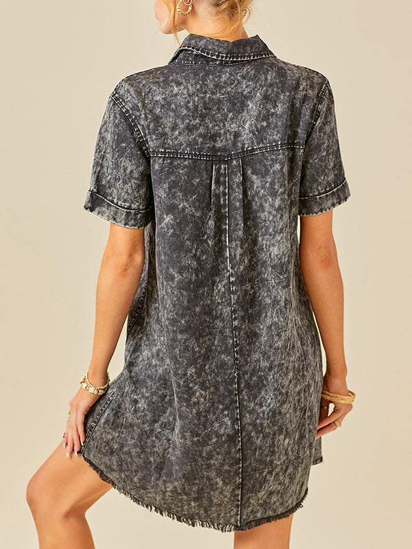 Fringed Pleated Pockets Split-Joint A-Line Loose Lapel Mini Dresses