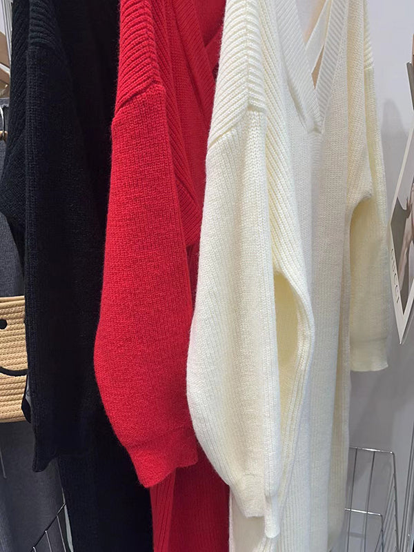 Urban Loose Long Sleeves Solid Color V-Neck Sweater Dresses